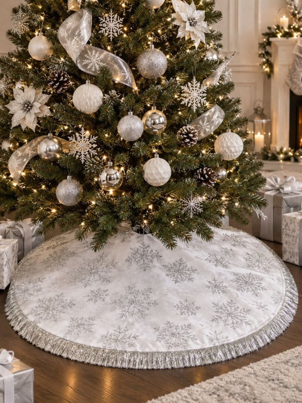 Holiday Time 48" White Satin Silver Glitter Star Snowflake Christmas Tree Skirt